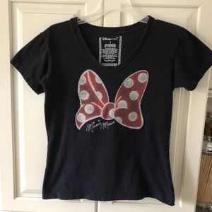 Disney Minnie Mouse Bow Glitter V Neck Small